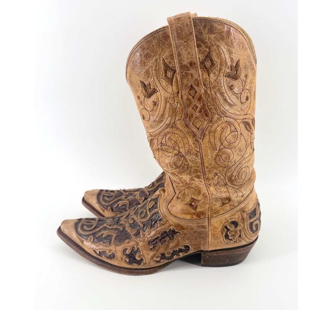 Corral Vintage Mens Tan Leather Caiman Overlay Snip Toe Cowboy Boots A1237 11 D